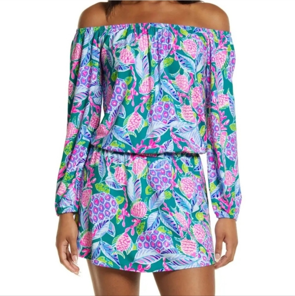 Lilly Pulitzer Lana Skort Romper Maldives Green Turtle Wave Off-Shoulder XXS